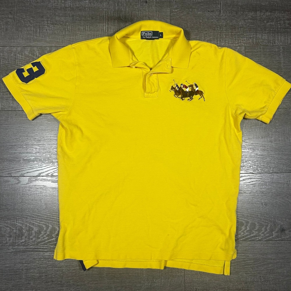 Polo Ralph Lauren Mens Yellow Multi Horse Embroidered Polo Shirt Size L 3 Patch